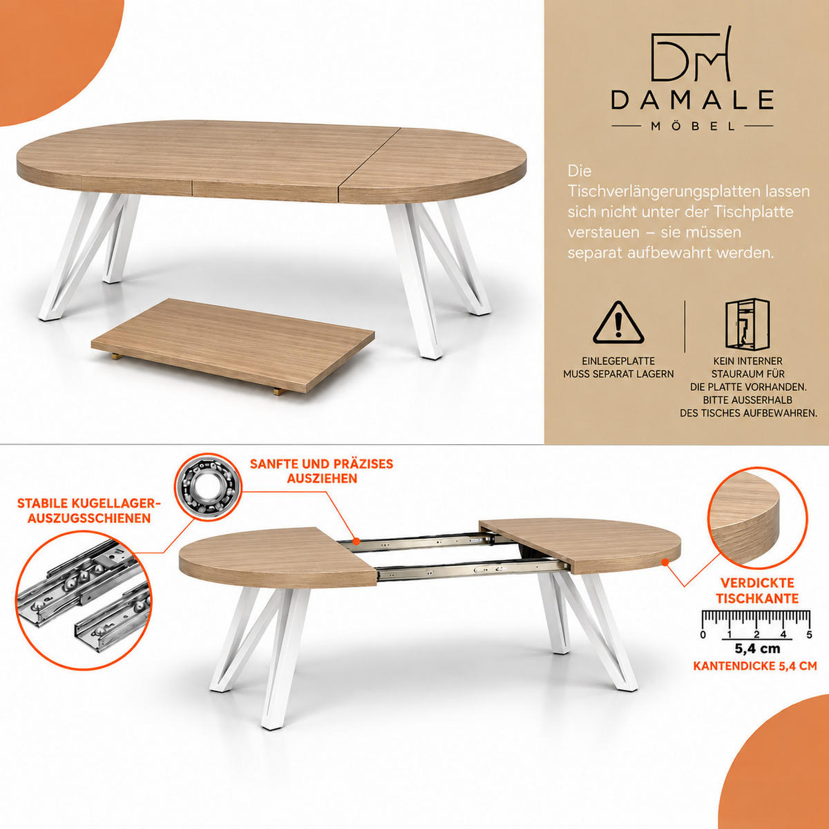 ESSTISCH rund ausziehbar 100/300/76 cm, Hellbraun Eiche Hikora Egger, 54 cm Tischplatte + Industrial Metallgestell Weiß - Hellbraun/Eichefarben, Holzwerkstoff/Metall (100/300/76cm) - Damale Möbel