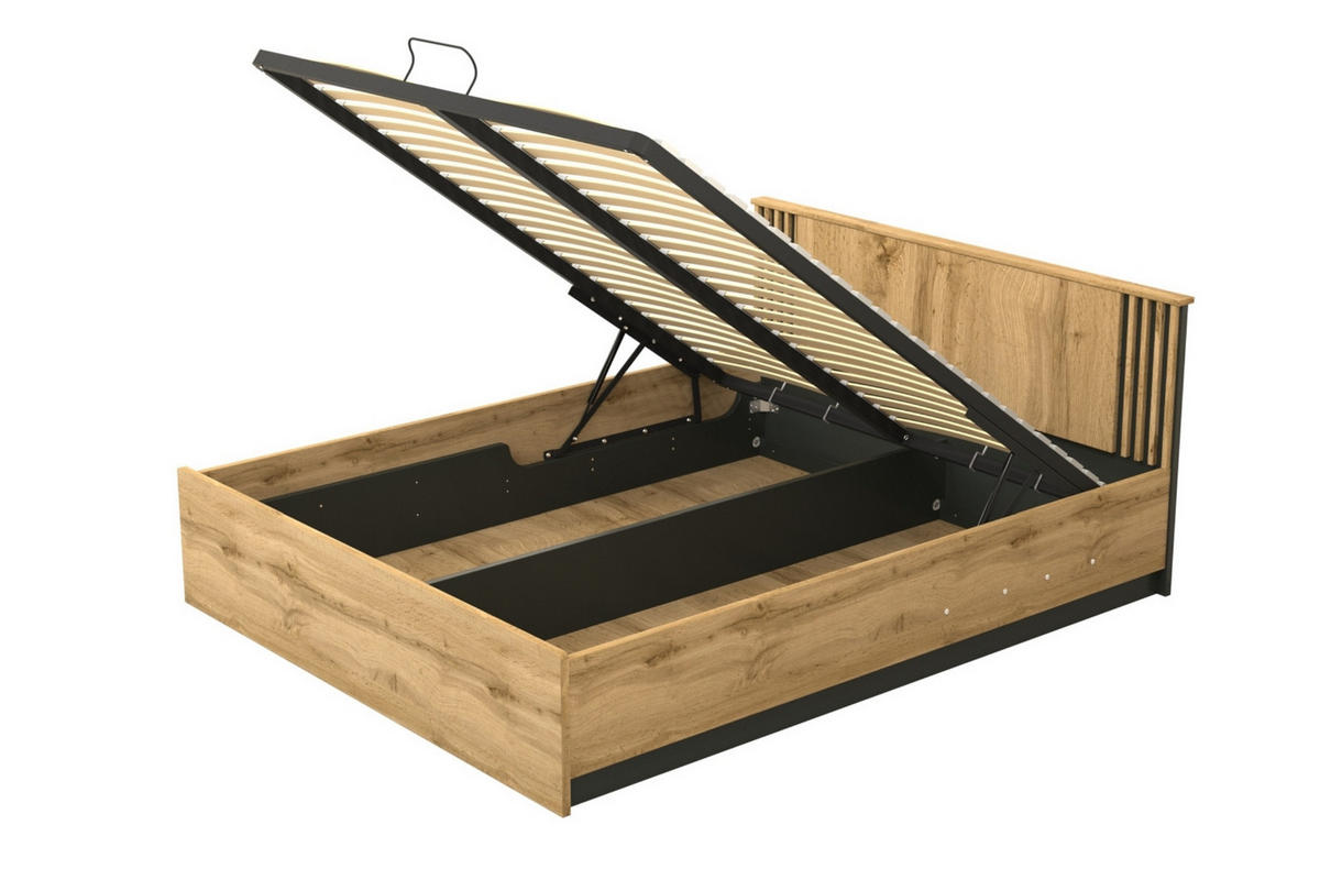 DOPPELBETT LAMI 26 160/200 cm in Wotan Eiche / Schwarz Matt mit Lamellen - Eiche Wotan/Schwarz, Holzwerkstoff (160/200cm) - Deine Möbel 24