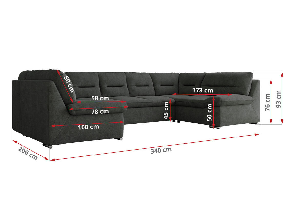 WOHNLANDSCHAFT MORBIDO U Dunkelgrau Struktur - Dunkelgrau/Silberfarben, Textil/Metall (340/93/206cm) - MKS