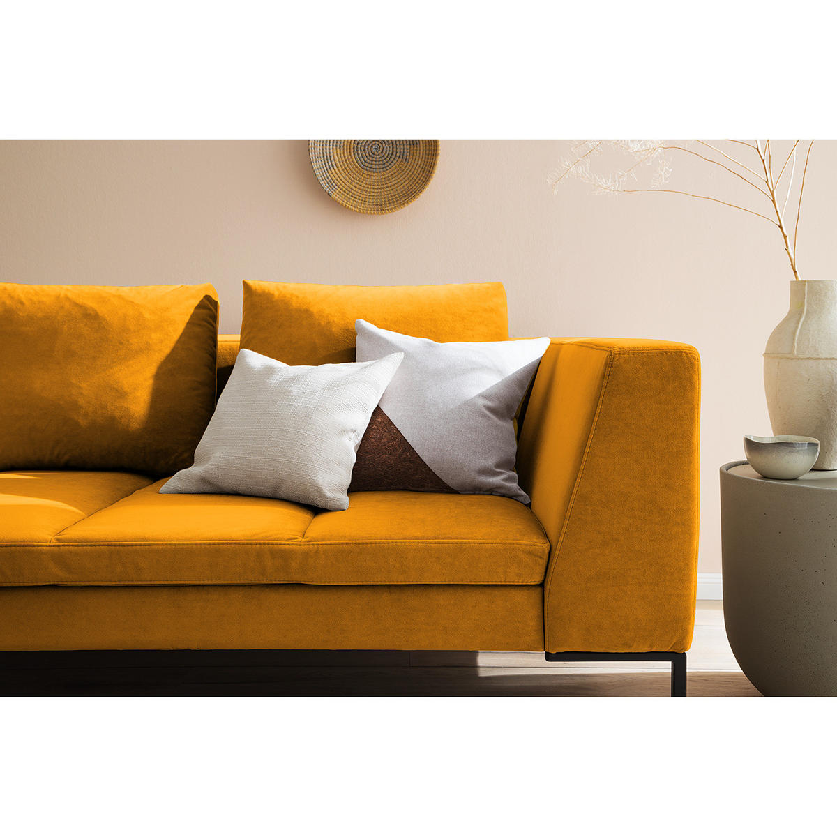 3-SITZER SOFA - Samt - Gelb, Textil/Metall (238/81/195cm) - home24