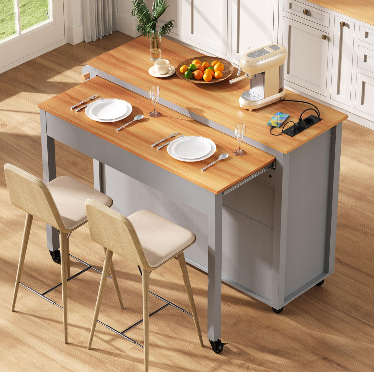 KÜCHENINSEL 120/40-75/92 cm aus MDF mit ausziehbarer Arbeitsplatte und Rollen Grau - Grau, Holzwerkstoff (120/92/75cm) - Modenvie