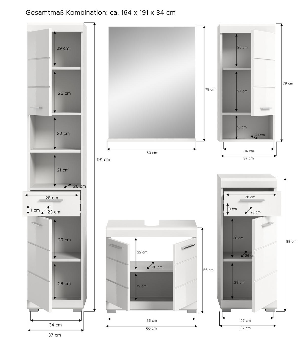 BADMÖBEL-SET weiß Hochglanz 5-teilig 164 cm, Komplettset mit viel Stauraum - Weiß Hochglanz, Glas/Holzwerkstoff (164/191/34cm) - Inn.Furn