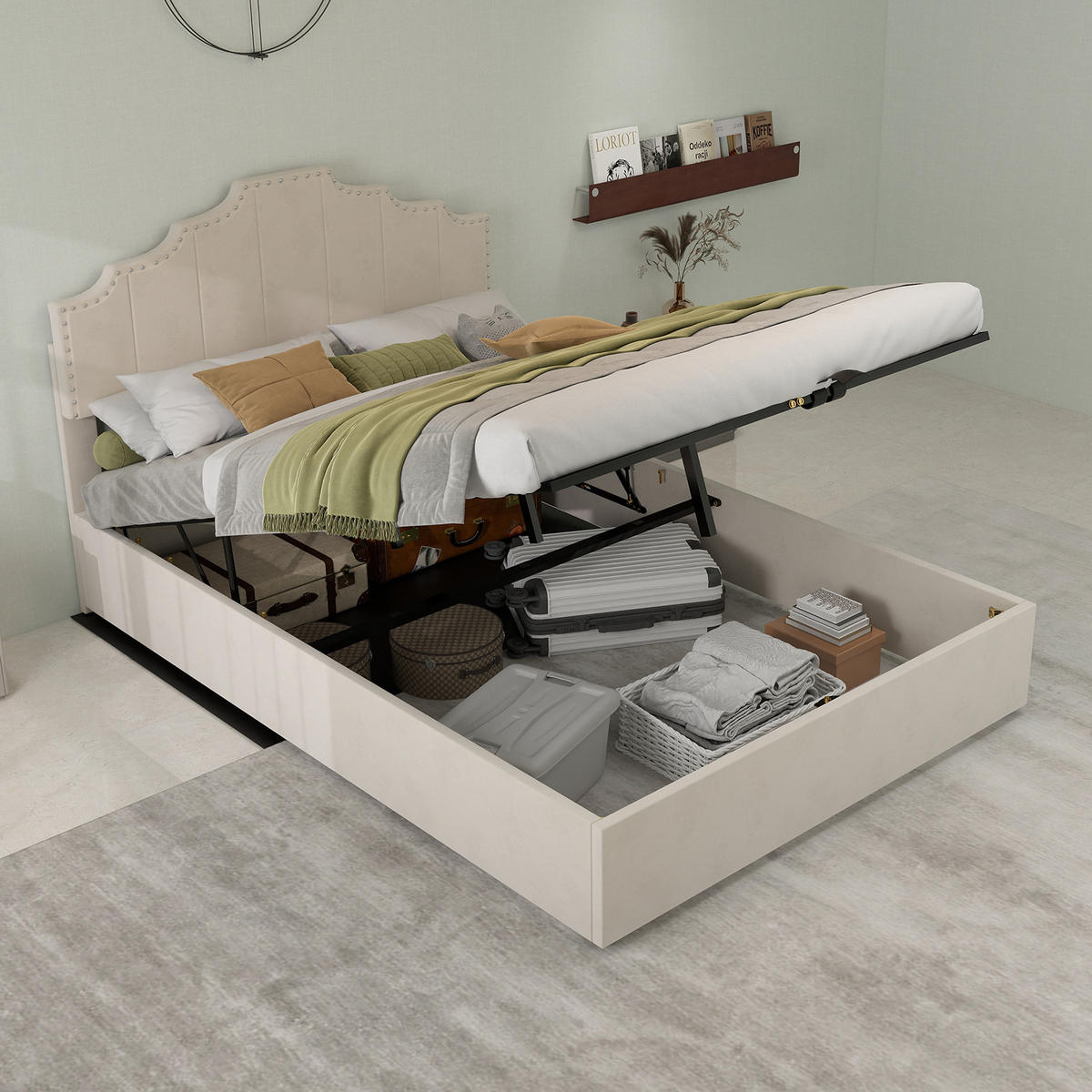 POLSTERBETT 140x200 cm Samt Stauraum hydraulisch beige - Beige, Textil (140/200cm) - Fortuna Lai