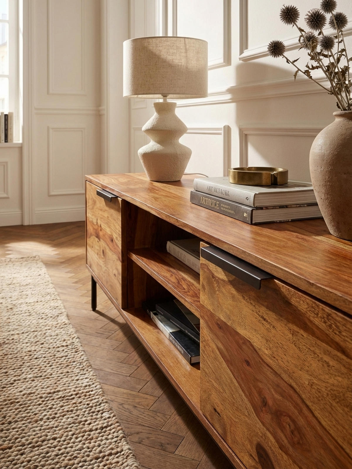 LOWBOARD Massivholz Landhausstil für 60-Zoll Fernseher mit offenen Fächern - Schwarz/Braun, Holz/Metall (147/51/38cm) - KADIMA DESIGN