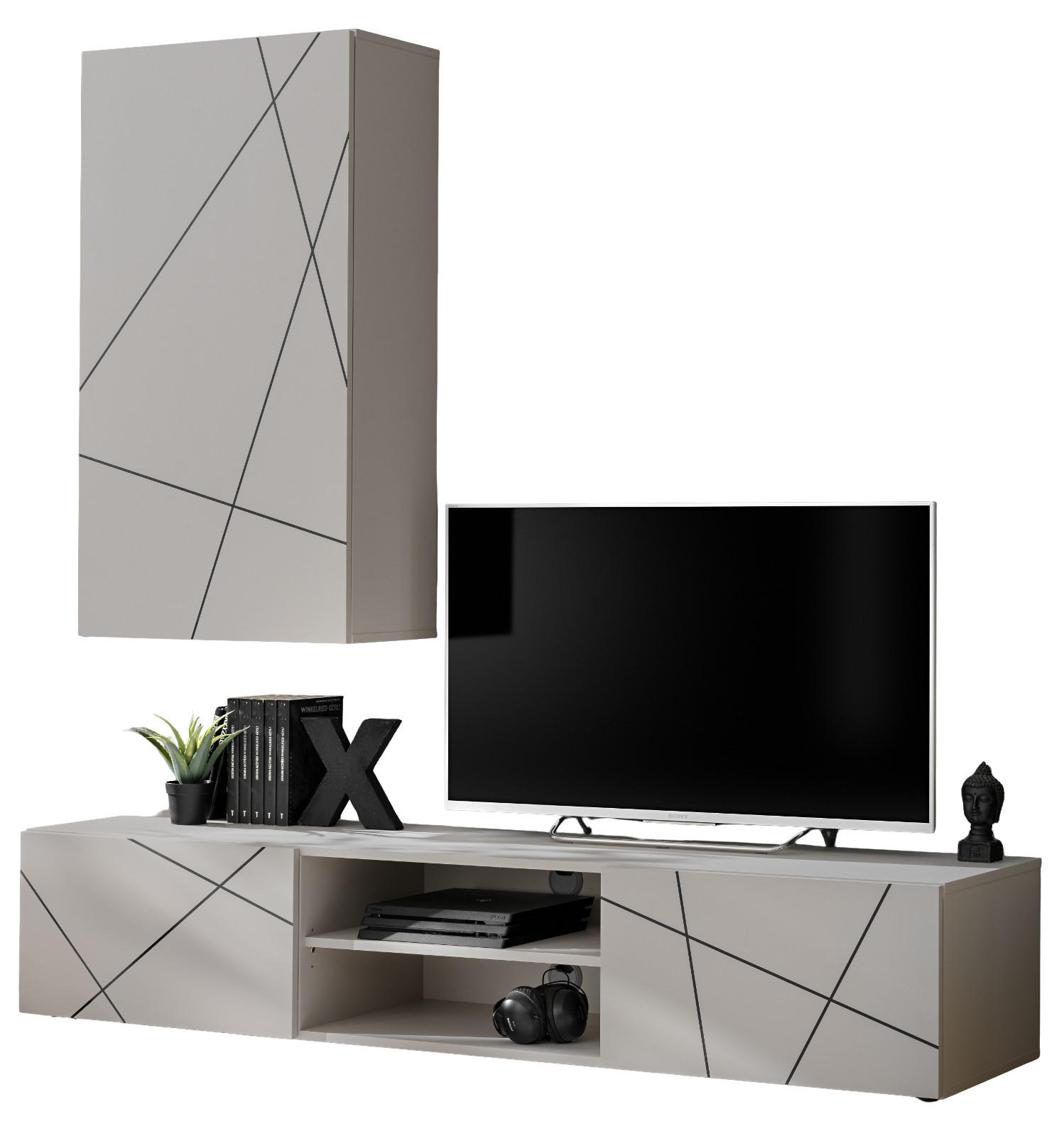 WOHNWAND Kaschmir, schwarz 180 cm, Schrankwand mit Streifendruck, Push-to-Open - Kaschmir/Schwarz, Holzwerkstoff/Kunststoff (180/180/45cm) - Furn.Design