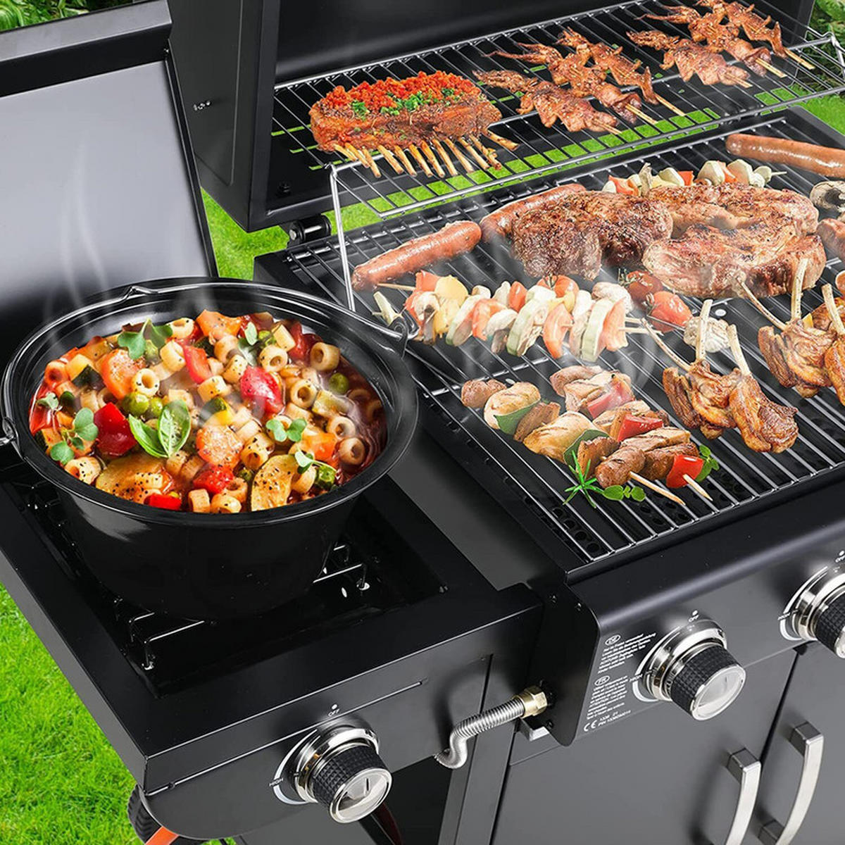 GASGRILL mit Wagen – 4 Brenner, Piezozündung, Thermometer - Schwarz, Metall (42/76/133cm) - Auledio