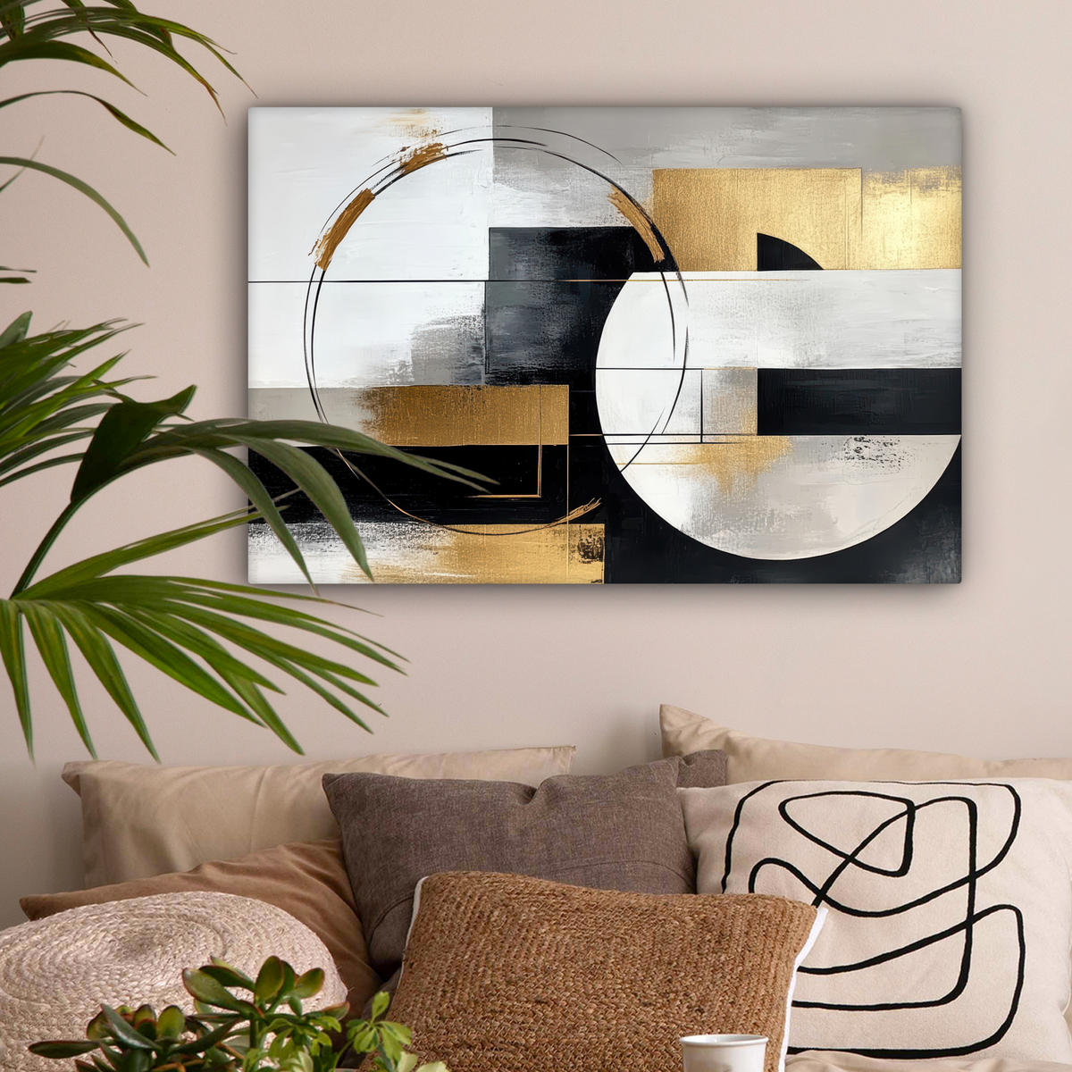 LEINWANDBILD - Abstrakt - Gold - Silber - Formen - Ästhetik - 90x60 - Deko Wohnzimmer - Multicolor, Textil (90/60cm) - MuchoWow