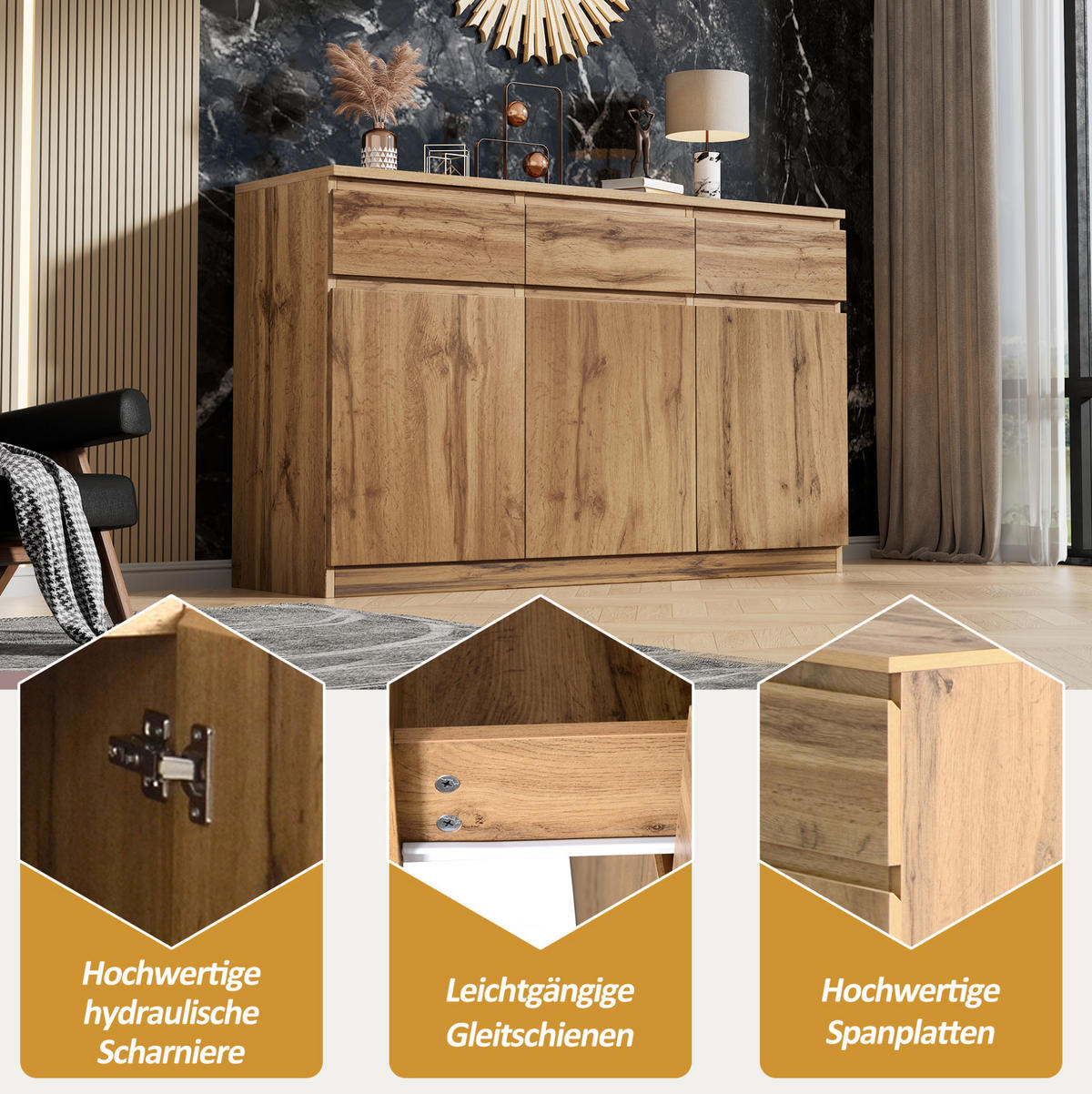 SIDEBOARD aus Spanplatte 135x40x81 cm Holzfarben mit 3 Türen, 3 Schubladen und verstellbaren Einlegeböden - Naturfarben, Holzwerkstoff (135/81/40cm) - Modfu