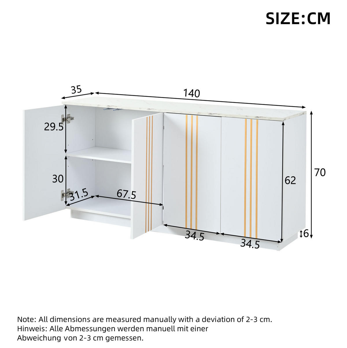 SIDEBOARD 140/35/70 cm weiß-gold aus Spanplatte mit 4 Türen - Weiß, Holzwerkstoff (140/70/35cm) - OKWISH