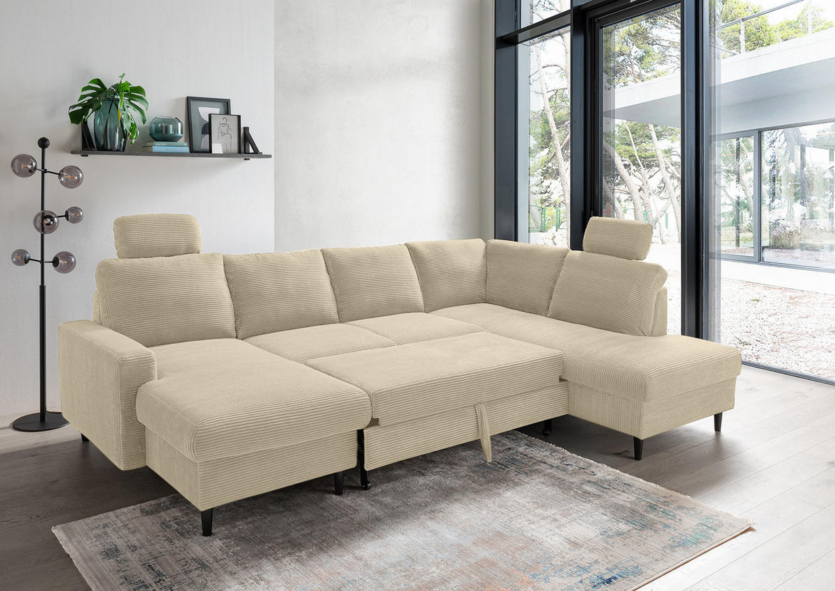 WOHNLANDSCHAFT mit Schlaffunktion Bettkasten Wellenunterfederung, 2 Kopfstützen, U-Form B305/T200/H88 cm, Cord Beige Grau / 17205 - Greige/Beige, Holz/Textil (305/88/200cm) - luma-home