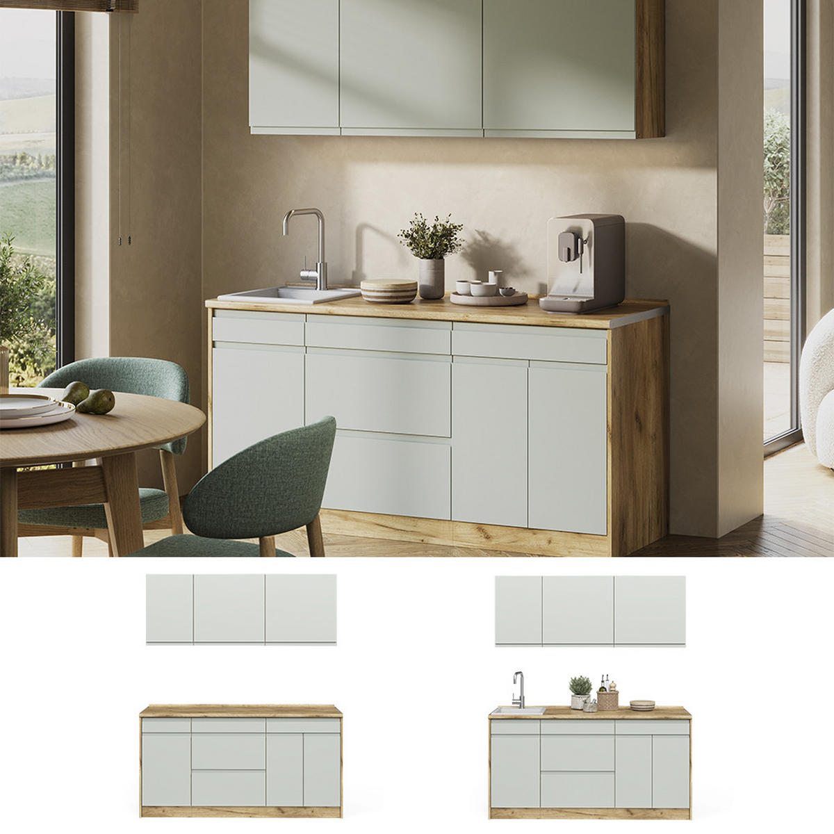 SINGLEKÜCHE R-Line, Pastellgrün/Goldkraft Eiche, 160 cm Arbeitsplatte Weiß - Eichefarben/Pastellgrün, Holzwerkstoff (160/81.6/60cm) - Vicco
