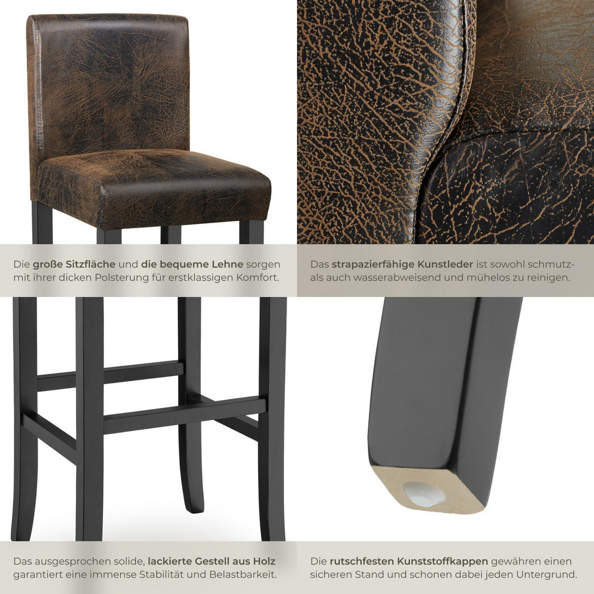 BARHOCKER 6er Set Kunstleder, Sitzhöhe 76 cm,antikbraun - Anthrazit/Braun, Holz (40/107/41cm) - tectake