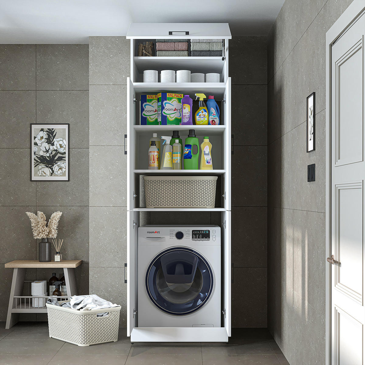 WASCHMASCHINENSCHRANK DORA-II 70cm Breit, 230cm Hoch - Weiß, Holzwerkstoff (70/230/74cm)