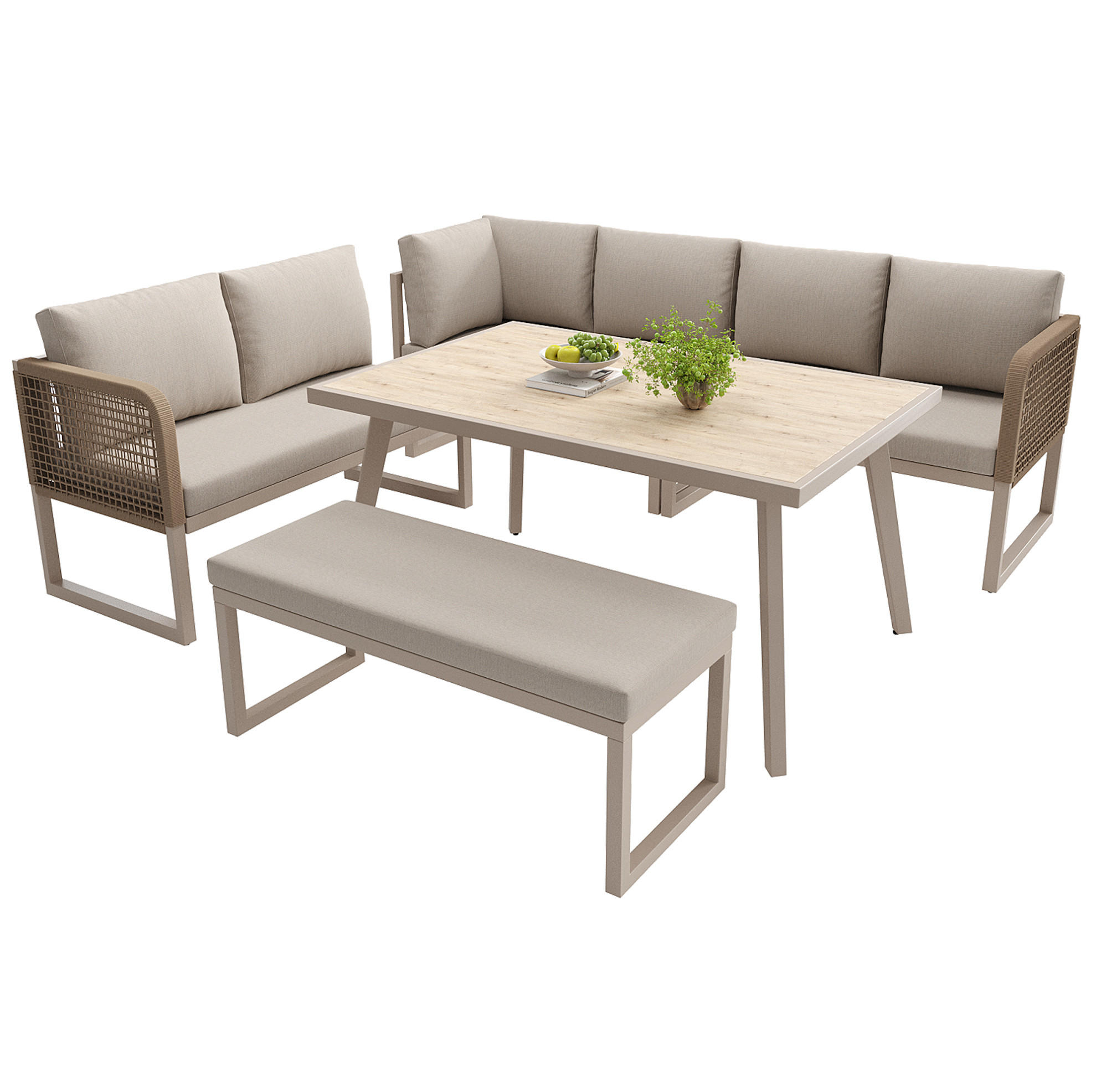 GARTENLOUNGE-SET, PE-Rattan mit Tisch & Sitzkissen, 5-teilig, 121,5/61/77 cm, Beige - Beige, Kunststoff - Redom