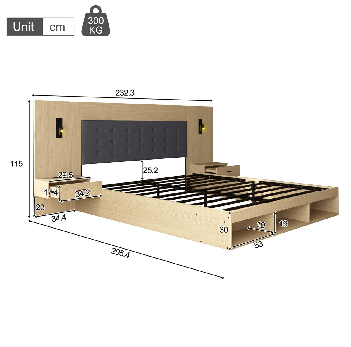 MANŽELSKÁ posteľ 160/200 cm svetlý dub z MDF s úložným priestorom USB Type-C a lampami s 2 nočnými stolíkmi - farba duba, kompozitné drevo (180/200cm) - OKWISH