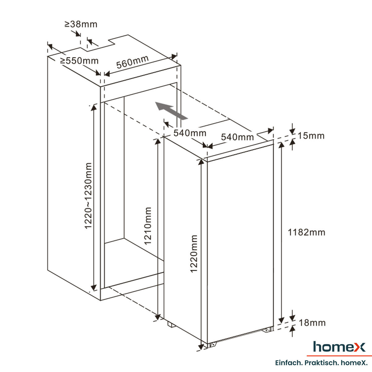 KÜHLSCHRANK Einbau, ohne Gefrierfach, 122cm Nische, 199 Liter, Schlepptürtechnik, 39 dB, CB1991E - Weiß, Glas/Kunststoff (54/123/54cm) - homeX