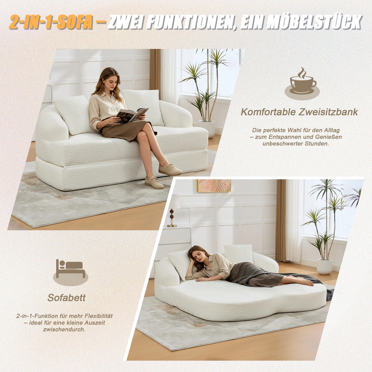 SCHLAFSOFA, 2 Sitzer aus Chenille, Klappsofa Bodensofa mit Schlaffunktion, Beige - Beige, Textil (157/44/153cm) - LVHOM