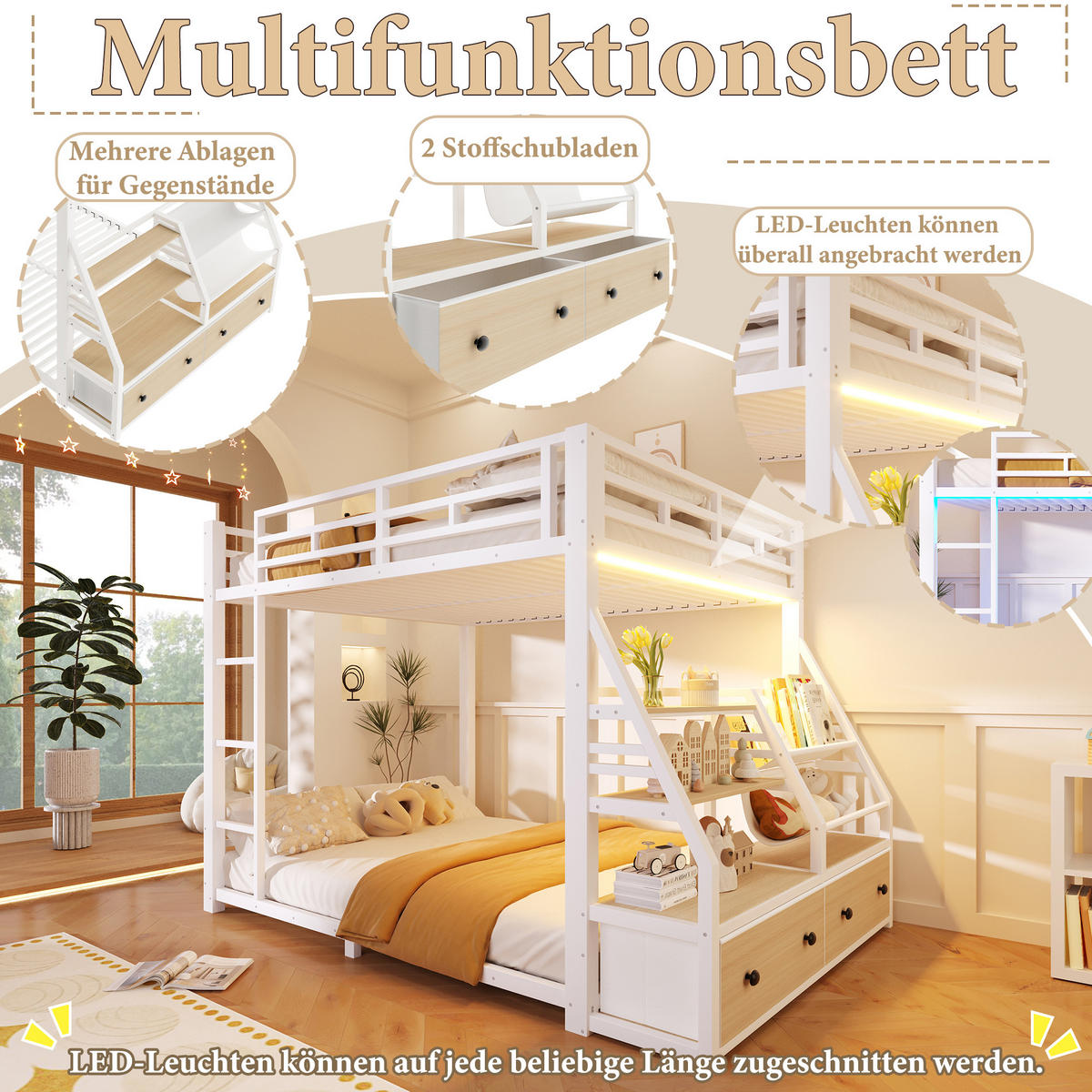 ETAGENBETT 140/200 cm in Weiß mit 2 Stoffschubladen, Ablagen und LED - Weiß, Holzwerkstoff/Metall (140/200cm) - STILVORA