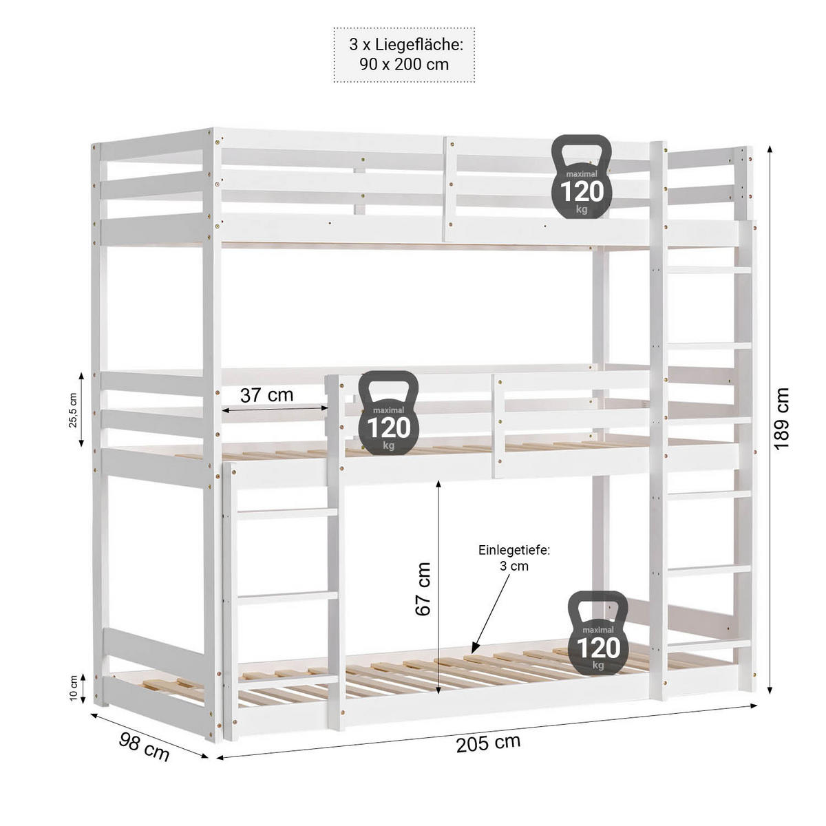 ETAGENBETT Kinderbett 90/200 cm weiß - Weiß, Holz - Homestyle4u