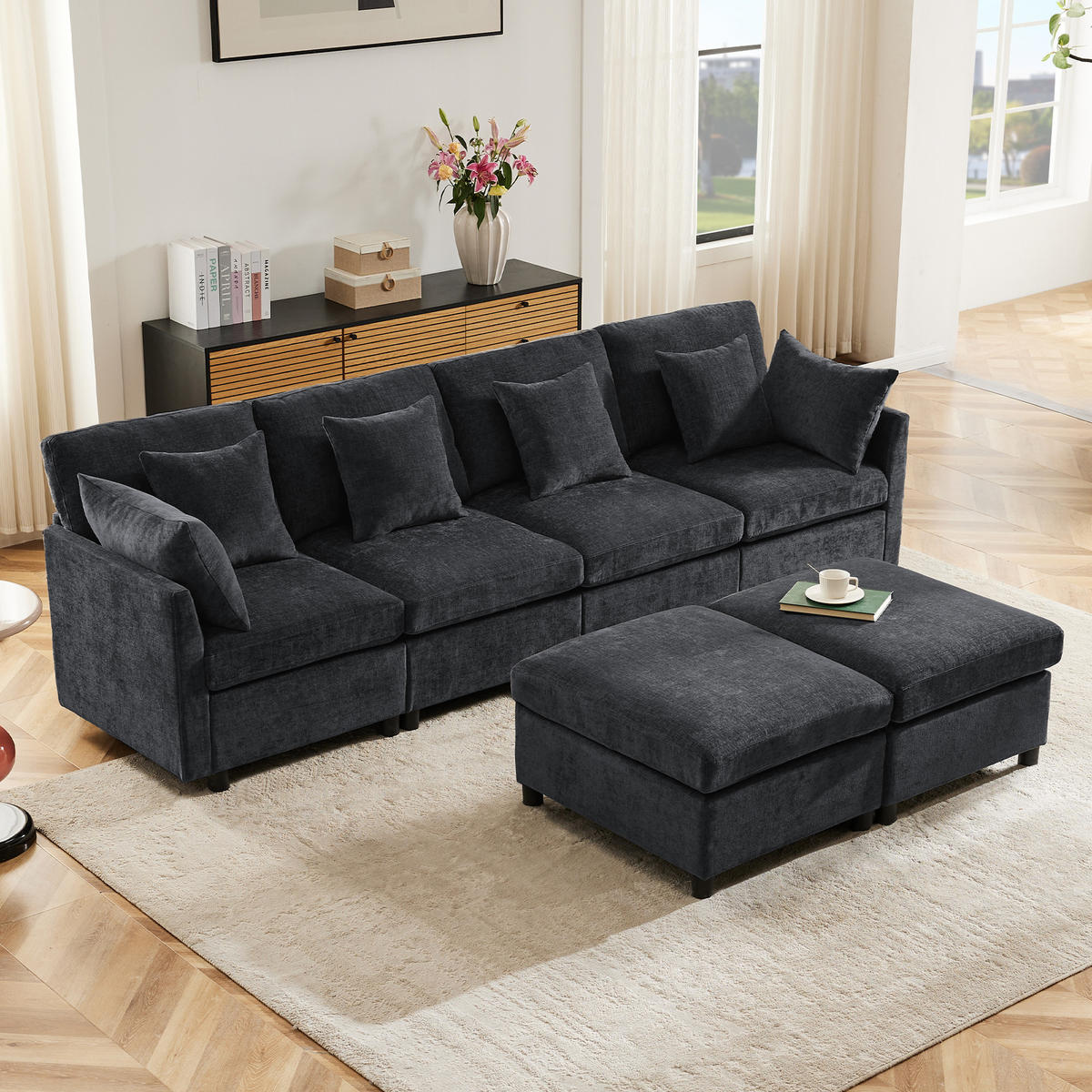 WOHNLANDSCHAFT 278/161/81 cm Grau mit 2 Fußhocker - Grau, Textil (278/81/161cm) - Oxeza