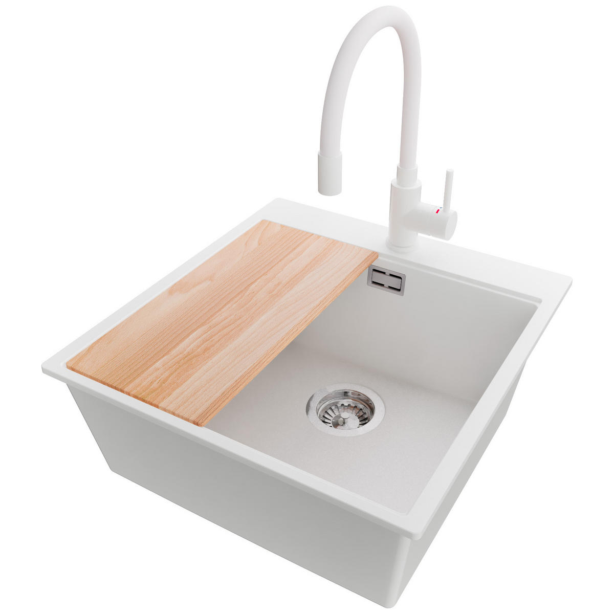 GRANITSPÜLE Oslo, 2-er set Weiß 48/50 cm 1 Becken + Küchenarmatur 38/14 cm + Ablauf-Set + Schneidebrett ab 50er Unterschrank - Chromfarben/Beige, Kunststoff (48/20/50cm) - Primagran