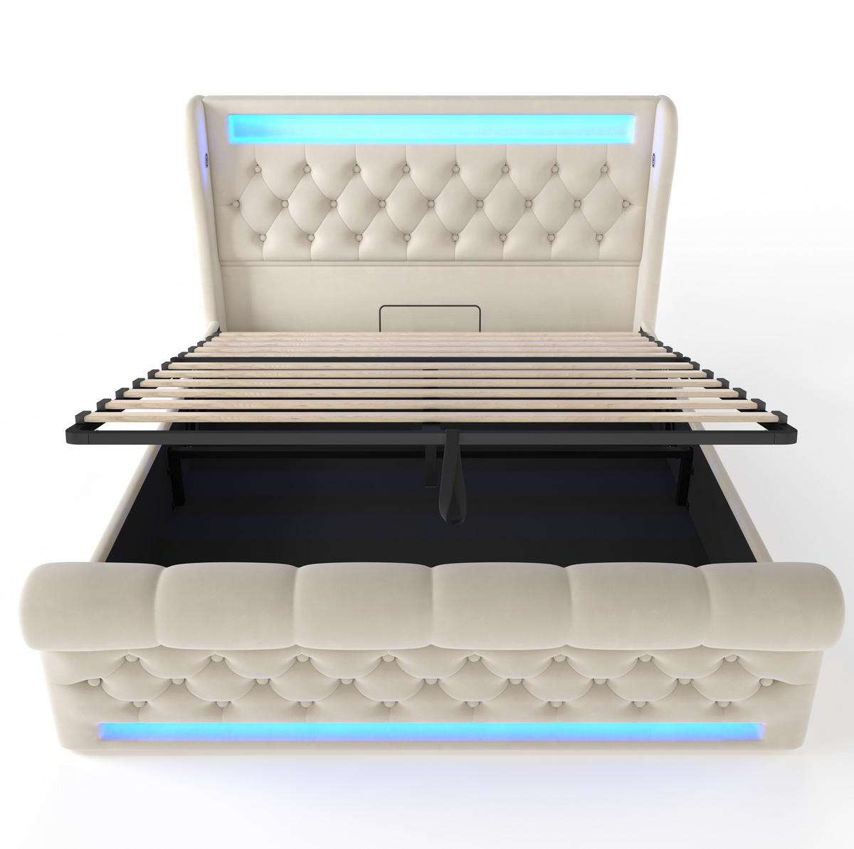 POLSTERBETT 140/200 cm Beige mit LED-Beleuchtung und Stauraum-Kopfteil - Beige, Textil (140/200cm) - OKWISH