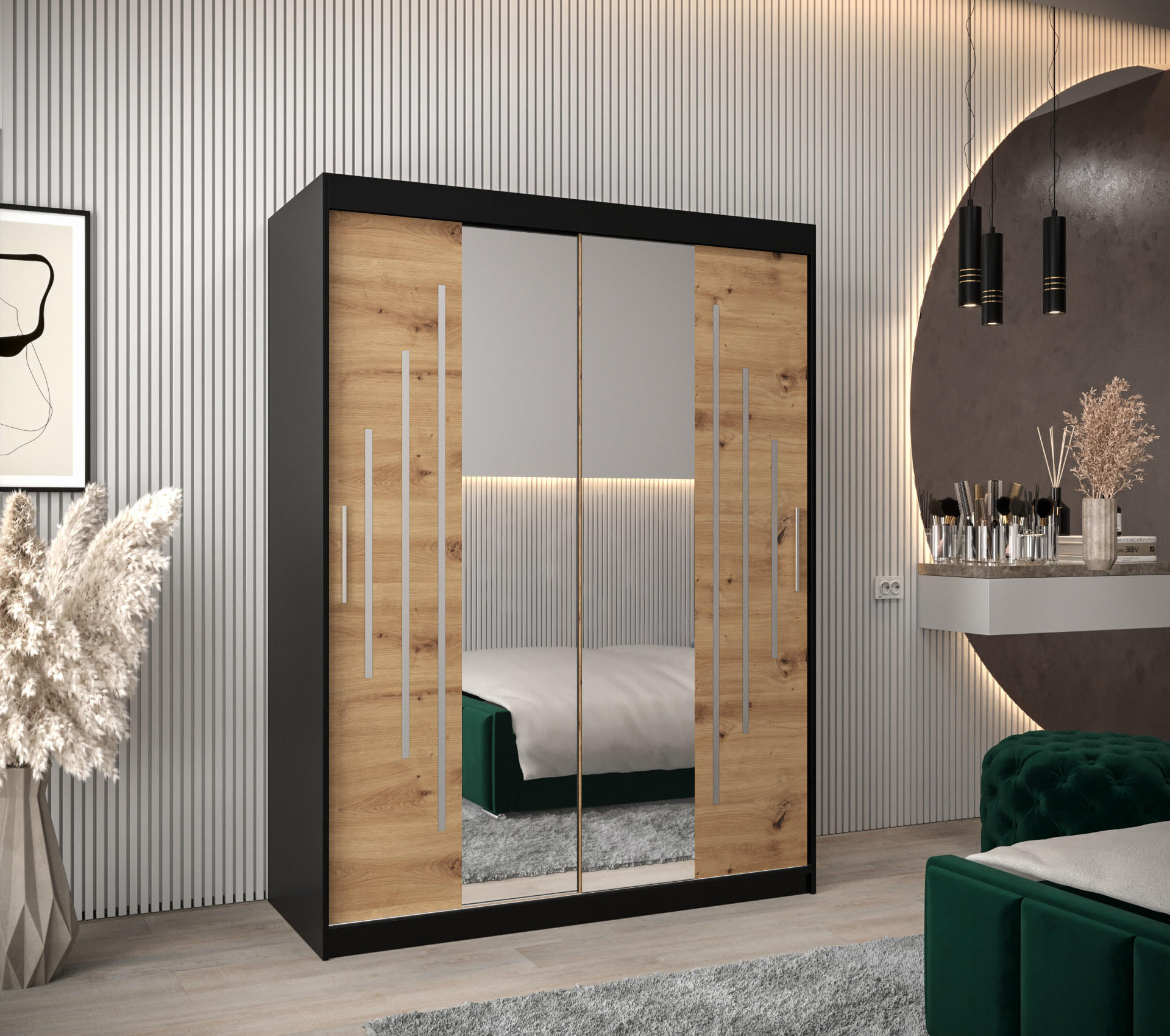 SCHWEBETÜRENSCHRANK 200/150/62 2-türig - Silberfarben/Schwarz, Holz/Kunststoff (150/200/62cm) - Abiks Möbel