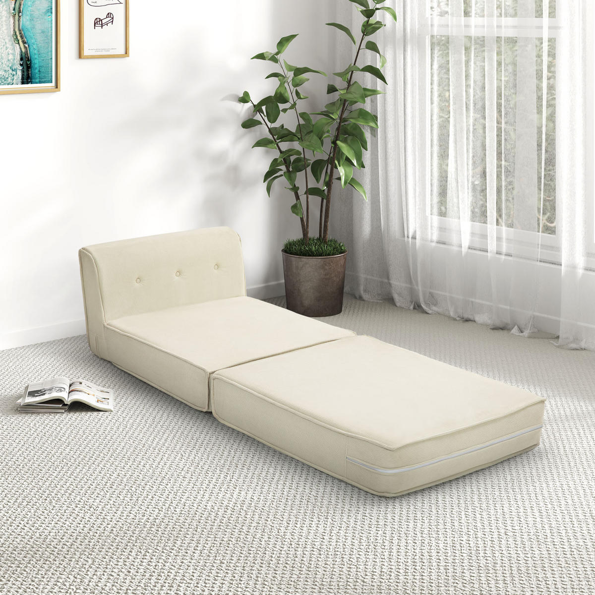 BODENSOFA 2-in-1 Klappbar Schlafsofa mit Kordoptik für Wohnzimmer Cremeweiß - Creme, Textil (73/65/100cm) - HOMCOM