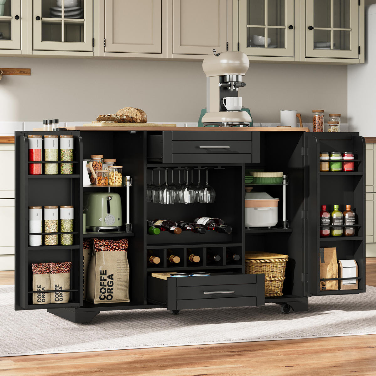 KÜCHENWAGEN mit ausklappbarer Arbeitsplatte 138 x 45/70 x 92 cm Schwarz/Natur - Schwarz, Holz (70/92/138cm) - Beauniv