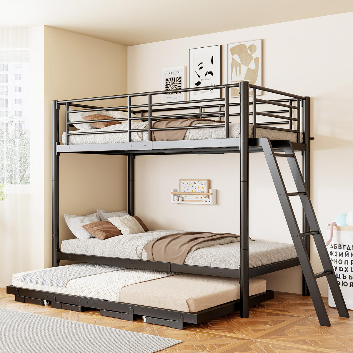 METALL-ETAGENBETT 90 x 200 mit Ausziehbett, Schwarz - Schwarz, Holz (90/200cm) - FLIEKS