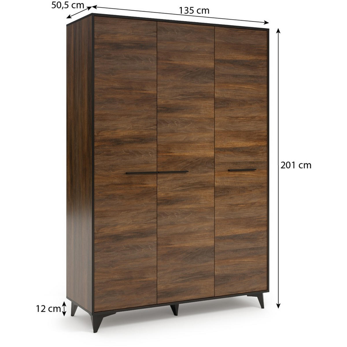 DREHTÜRENSCHRANK Felia mit 3 Türen, 135 cm - Walnussfarben/Schwarz, Holzwerkstoff (135/201/50.5cm) - Beautysofa
