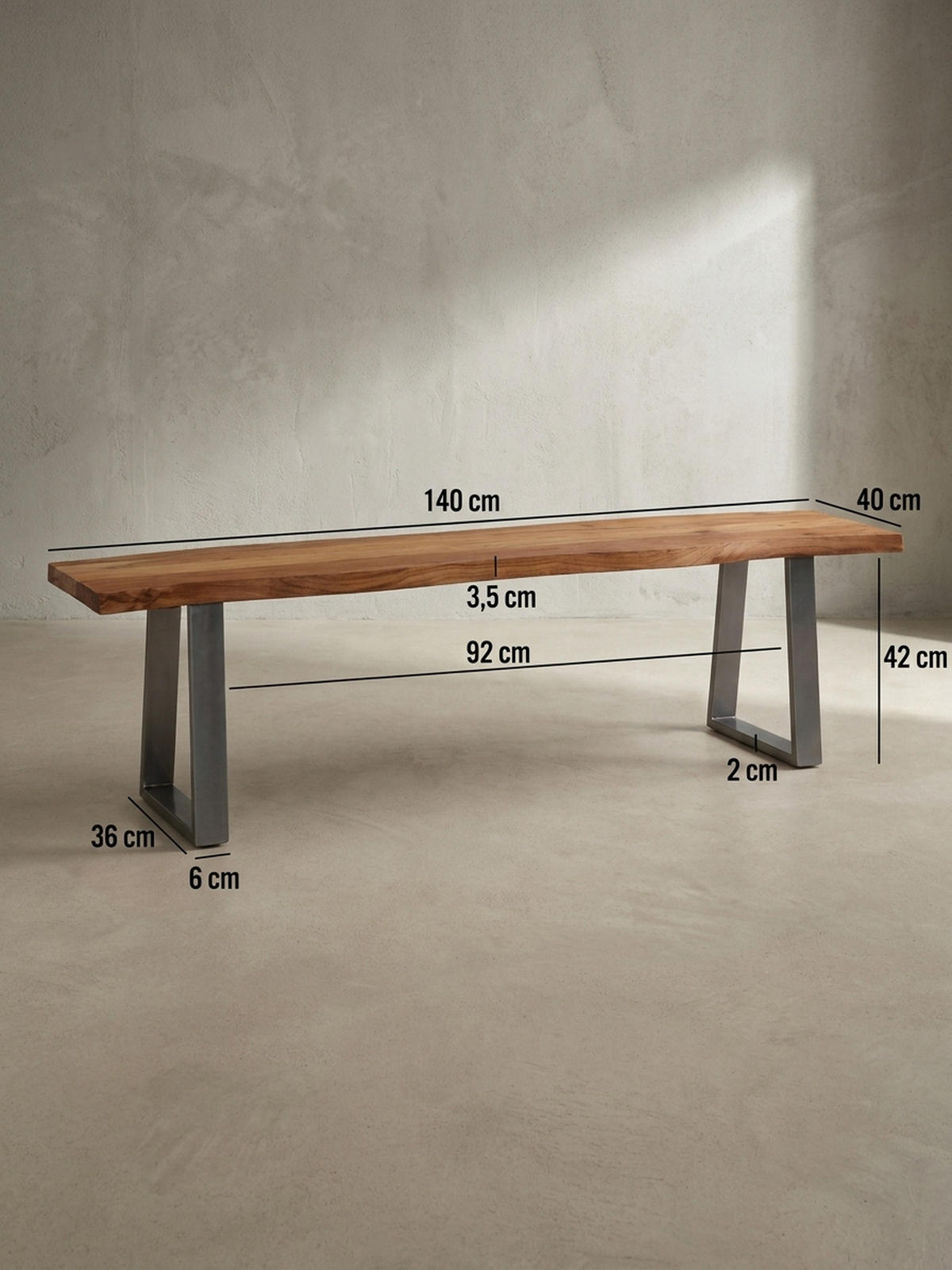 ESSZIMMERBANK Massivholz Metall Baumkante Chromgestell, Akazie 140x40x46 cm - Silberfarben/Braun, Holz/Metall (140/46/40cm) - KADIMA DESIGN