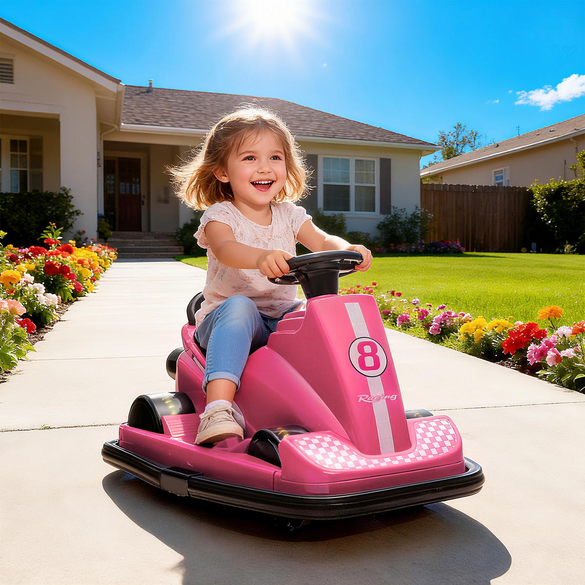 AUTOSCOOTER DE-06270 360° drehbar mit Lenkrad und LED-Lichtern Rosa - Pink, Kunststoff/Metall (74/53/48cm) - ComfortXL