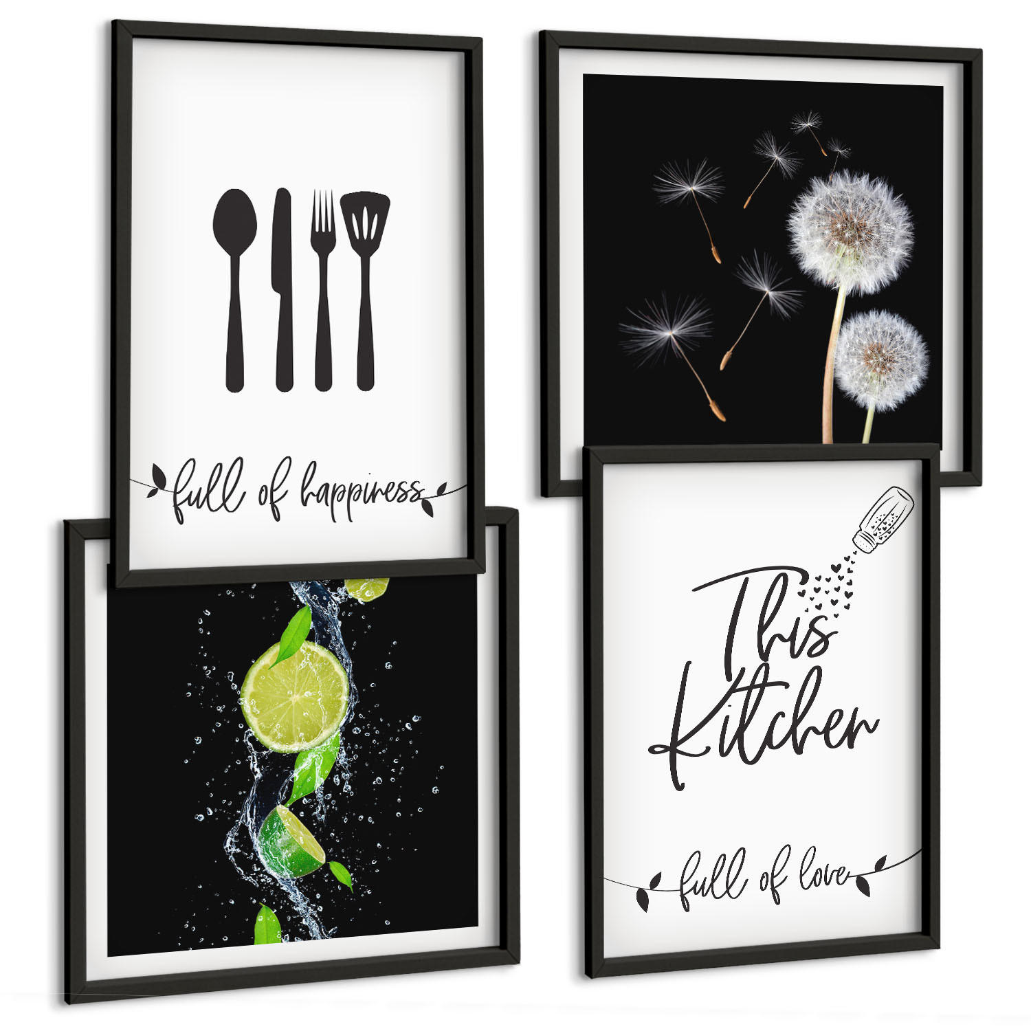 BILDER SET 4er Set - 50x50 cm & 40x60 cm Schwarzer Rahmen - Löwenzahn-Kalk-Kücheninschriften - Schwarz, Kunststoff (50/50cm) - TULUP
