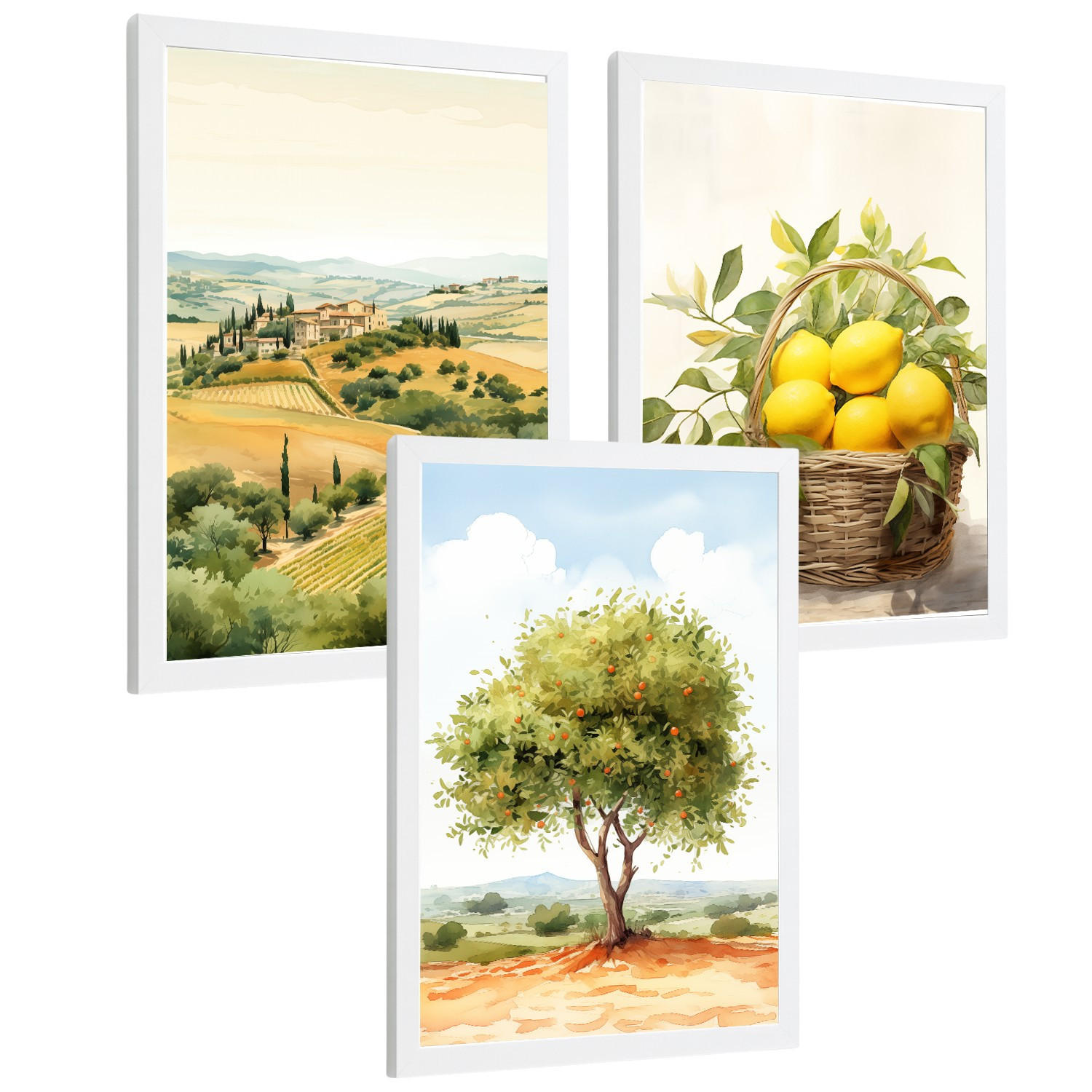 POSTER 3er Bilder-Set Wandbilder Landhaus Dorf Landschaft modern Wohnzimmer Deko, Schlafzimmer, Küche, Badezimmer Weißer Rahmen A3 - Weiß, Papier (29.7/1/42cm) - Nacnic