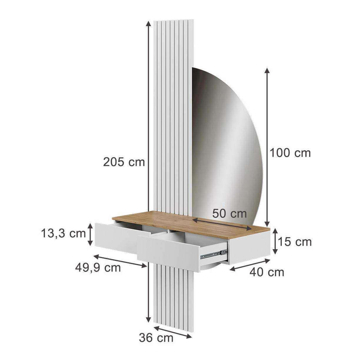 SCHMINKTISCH Melina Weiß/Eiche 100 cm mit LED-Spiegel - Weiß, Holzwerkstoff (100/205/40cm) - Vicco