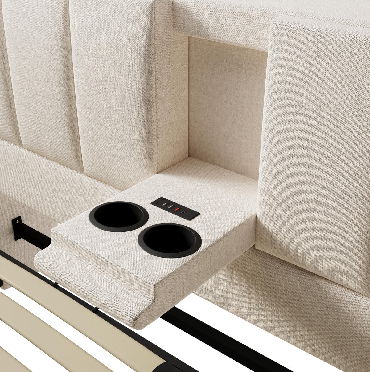 POLSTERBETT 140/200 cm Beige aus Leinen mit Stauraum und Ladestation - Beige, Textil (140/200cm) - OKMYHOME