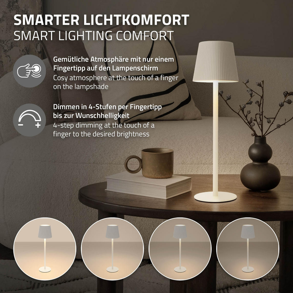 LED TISCHLAMPE kabellos mit Touch Weiß Ø10x36 cm Warmweiß Dimmbar - Weiß, Kunststoff (10/10/36cm) - ML-DESIGN