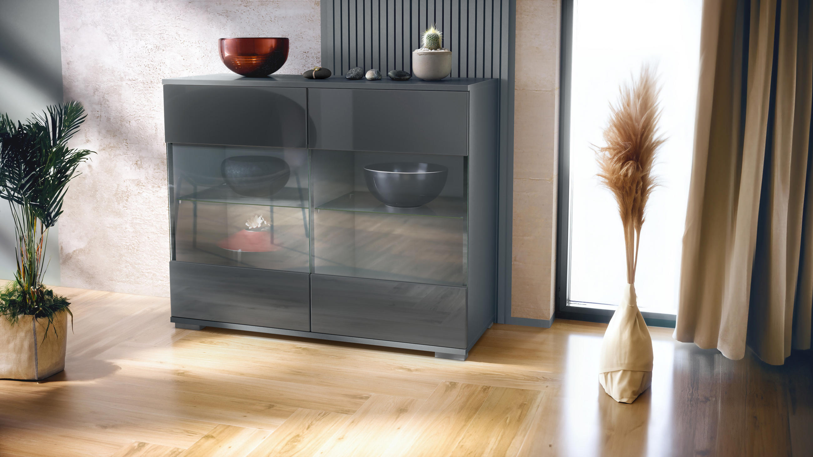 KOMMODE Bari Grau Hochglanz - Grau, Holzwerkstoff (92.5/75.5/35cm) - Vladon