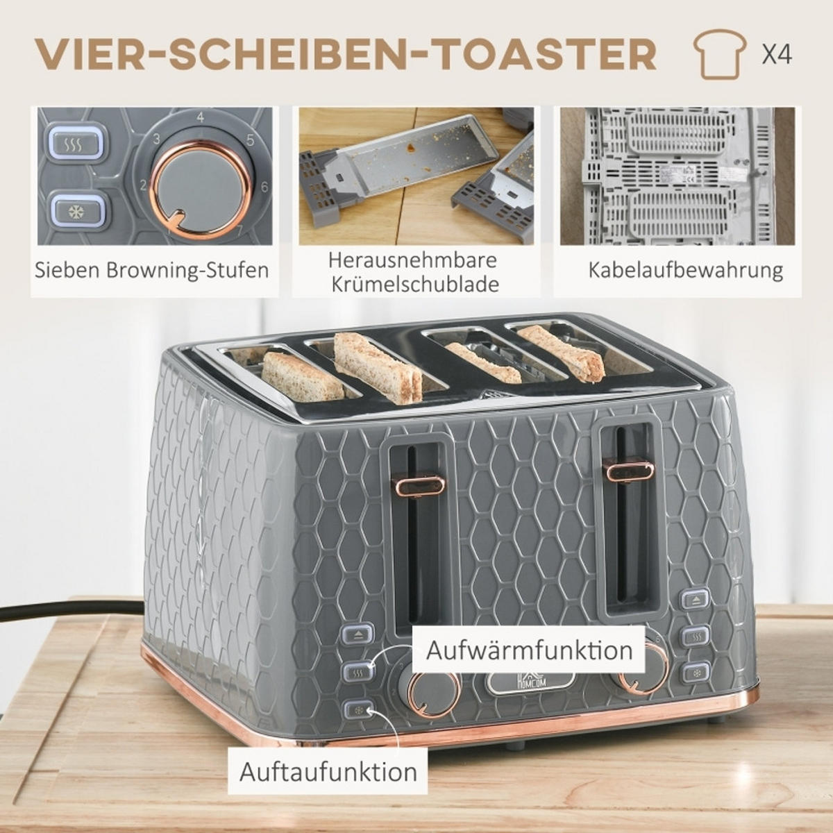 WASSERKOCHER-TOASTER Set 1,7L 4 Scheiben Toaster Kunststoff Grau - Grau, Kunststoff (19.5/23.4/24.2cm) - Rolipo