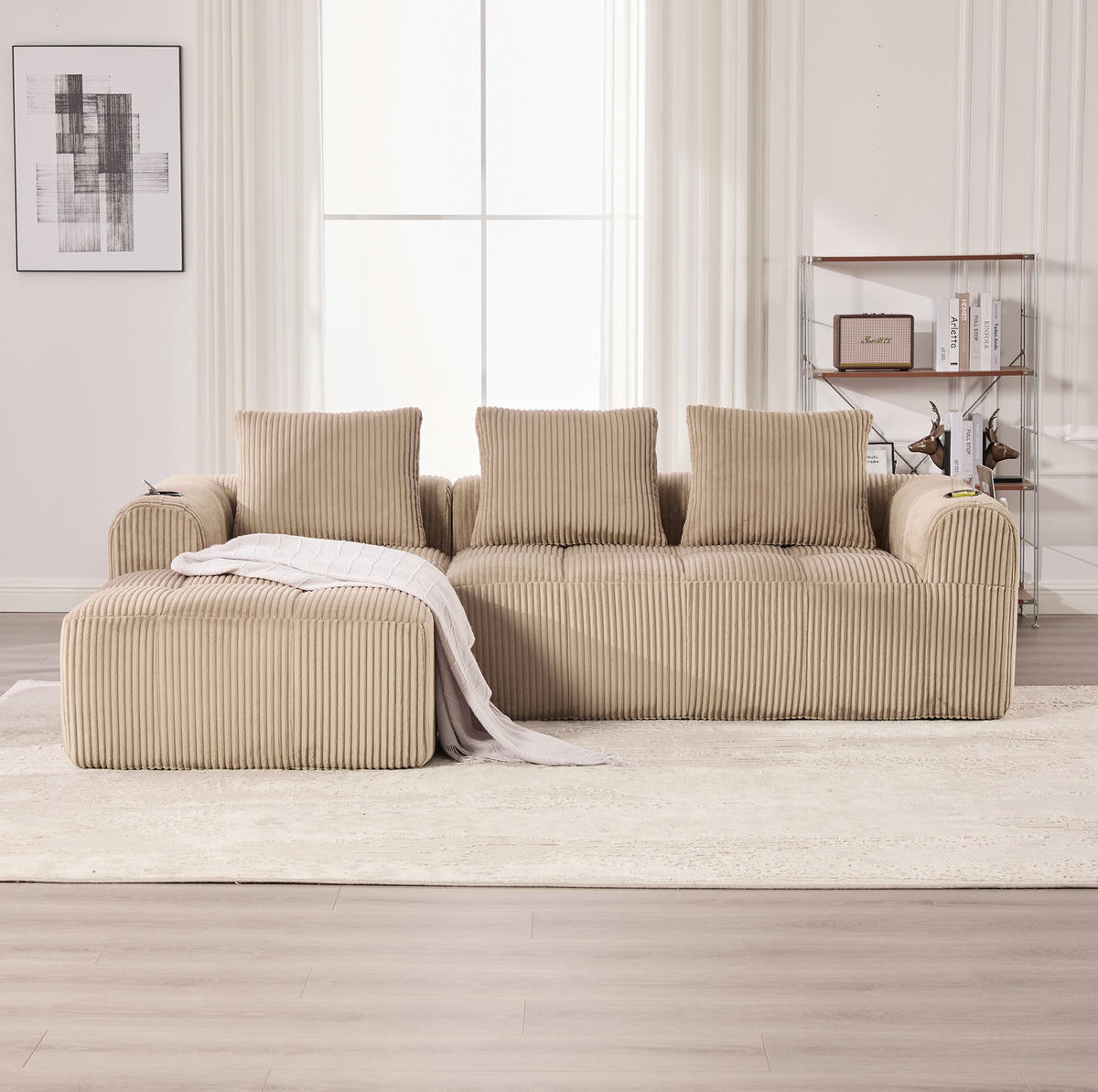 KOMPAKTSOFA Cord mit Seitentaschen und Becherhalter 253/158/61 cm Sandfarben - Sandfarben, Textil (158/253cm) - Redom