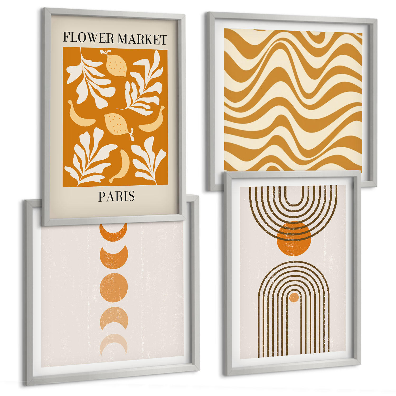 BILDER SET 4er Set - 50x50 cm & 40x60 cm Silberner Rahmen - Geometrische Pflanzenmuster - Silberfarben, Kunststoff (50/50cm) - TULUP