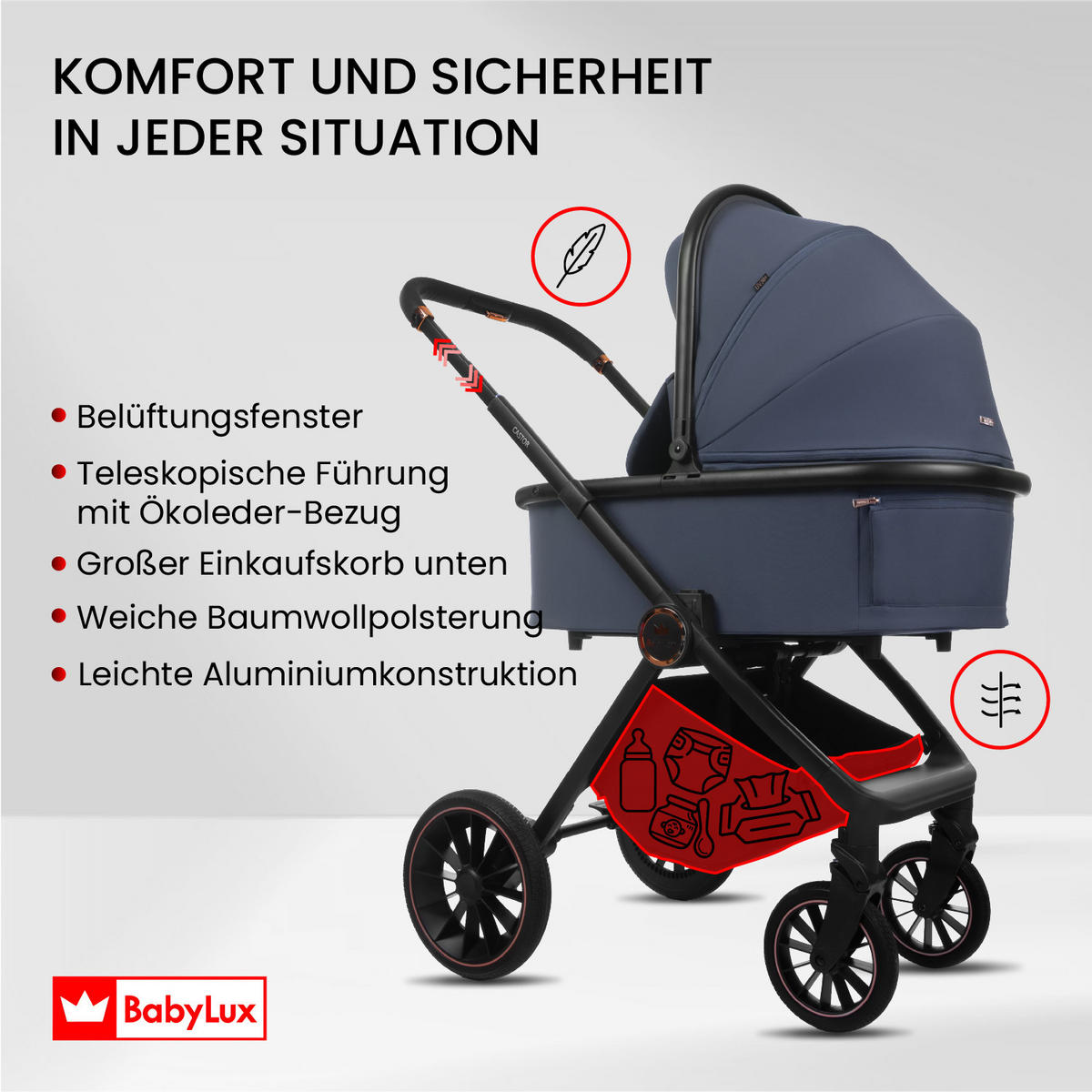 KINDERWAGEN Castor 4in1 Grau Babywanne, Reisebuggy, Autositz, Isofix Basis - Schwarz/Grau, Textil/Metall (58/98cm) - BabyLux