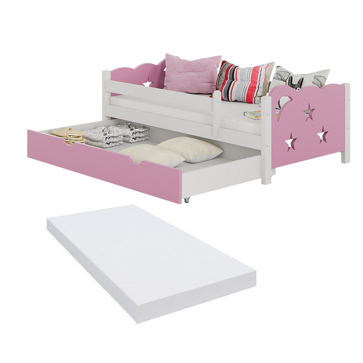 KINDERBETT Jessica Rosa/Weiß 70x140 cm mit Schublade und Matratze - Pink/Weiß, Holzwerkstoff (146/53/76cm) - VitaliSpa
