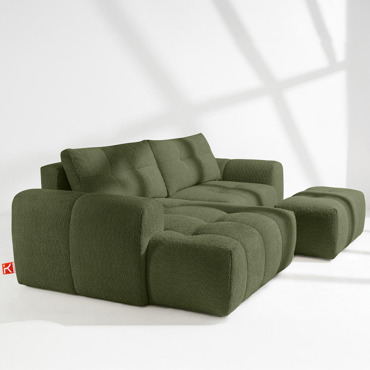 ECKSOFA MIT HOCKER RAVIA, Bouclé, Olivgrün - Olivgrün, Holz/Textil (96/50cm) - KONSIMO®