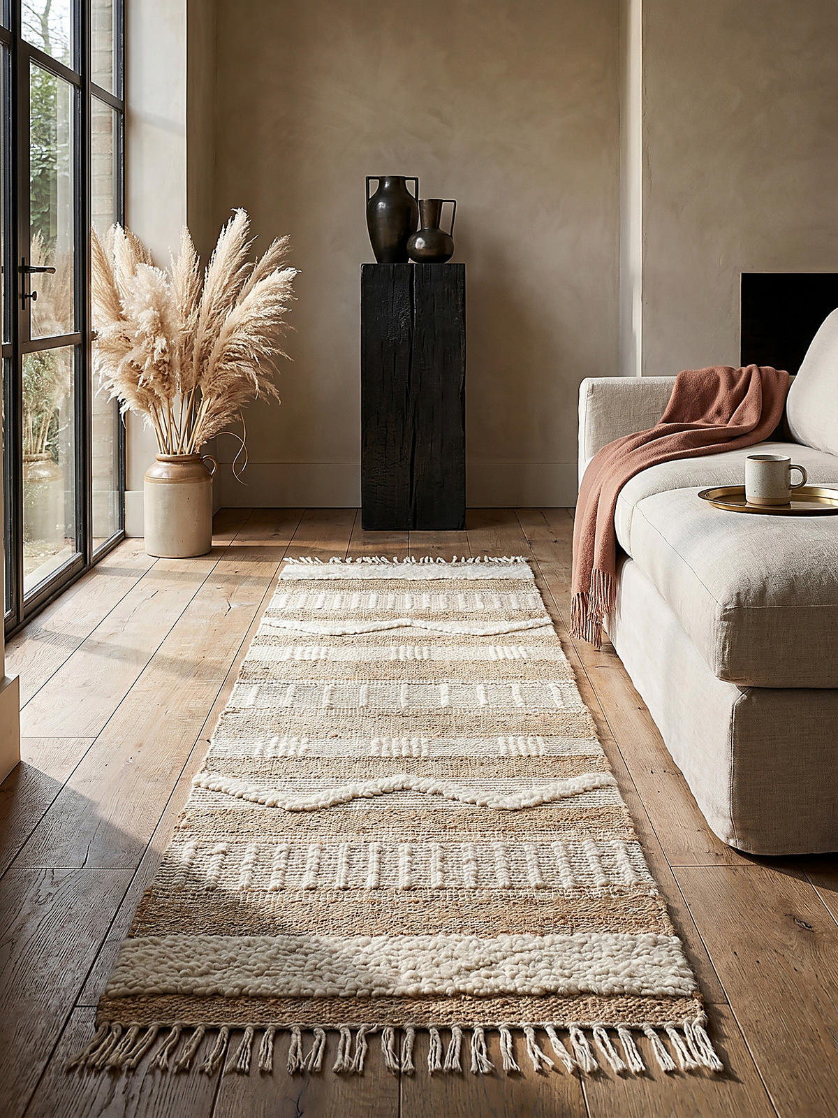 NATURTEPPICH handgewebt Jute-Wolle-Mix skandinavisch WHARFE, Braun-Beige 60x230 cm - Braun, Textil (230/60cm) - KADIMA DESIGN