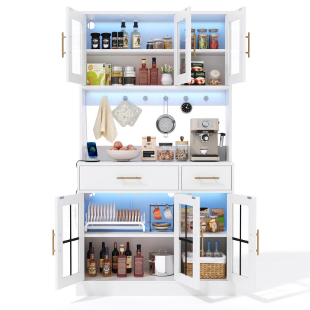 KÜCHENHOCHSCHRANK weiß aus MDF mit App-LED-Beleuchtung und ESG-Glastüren 100×40×180 cm - Weiß, Holzwerkstoff (100/180/40cm) - Luhomfu