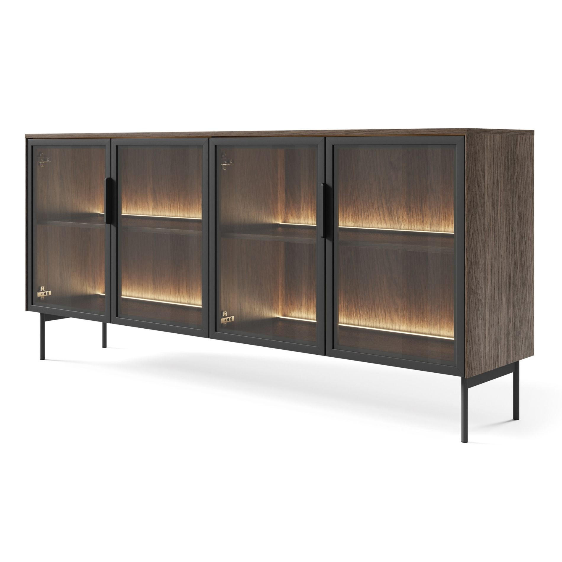 SIDEBOARD Lumi 4-türig mit Glasfronten Eiche Dunin 181 cm - Dunkelbraun/Schwarz, Holzwerkstoff/Metall (181.3/82.6/39.3cm) - Selsey
