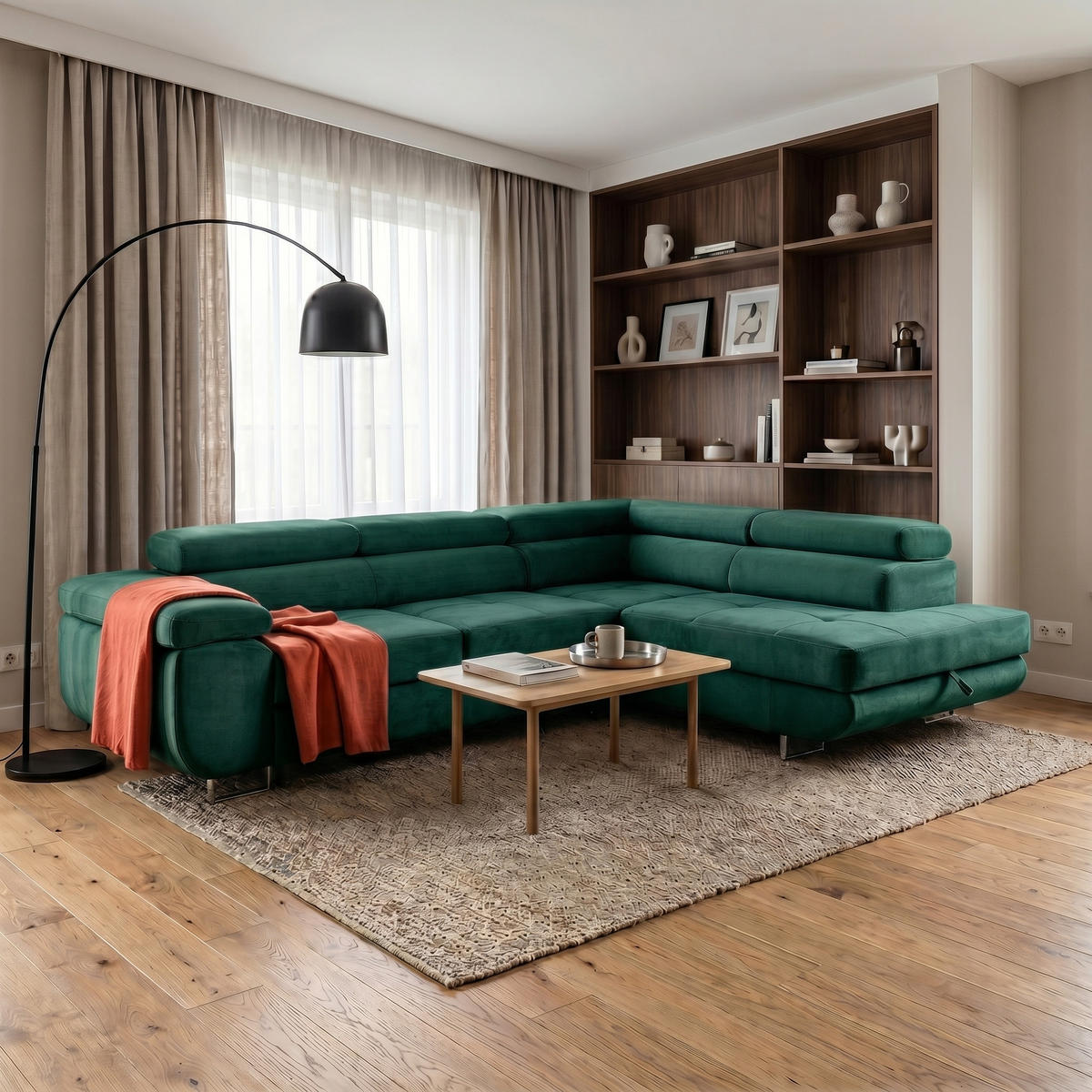 ECKSOFA WILD L Rechts mit Schlaffunktion 127x195 Velours Dunkelgrün - Chromfarben/Dunkelgrün, Holz/Textil (274/203cm) - Muffo