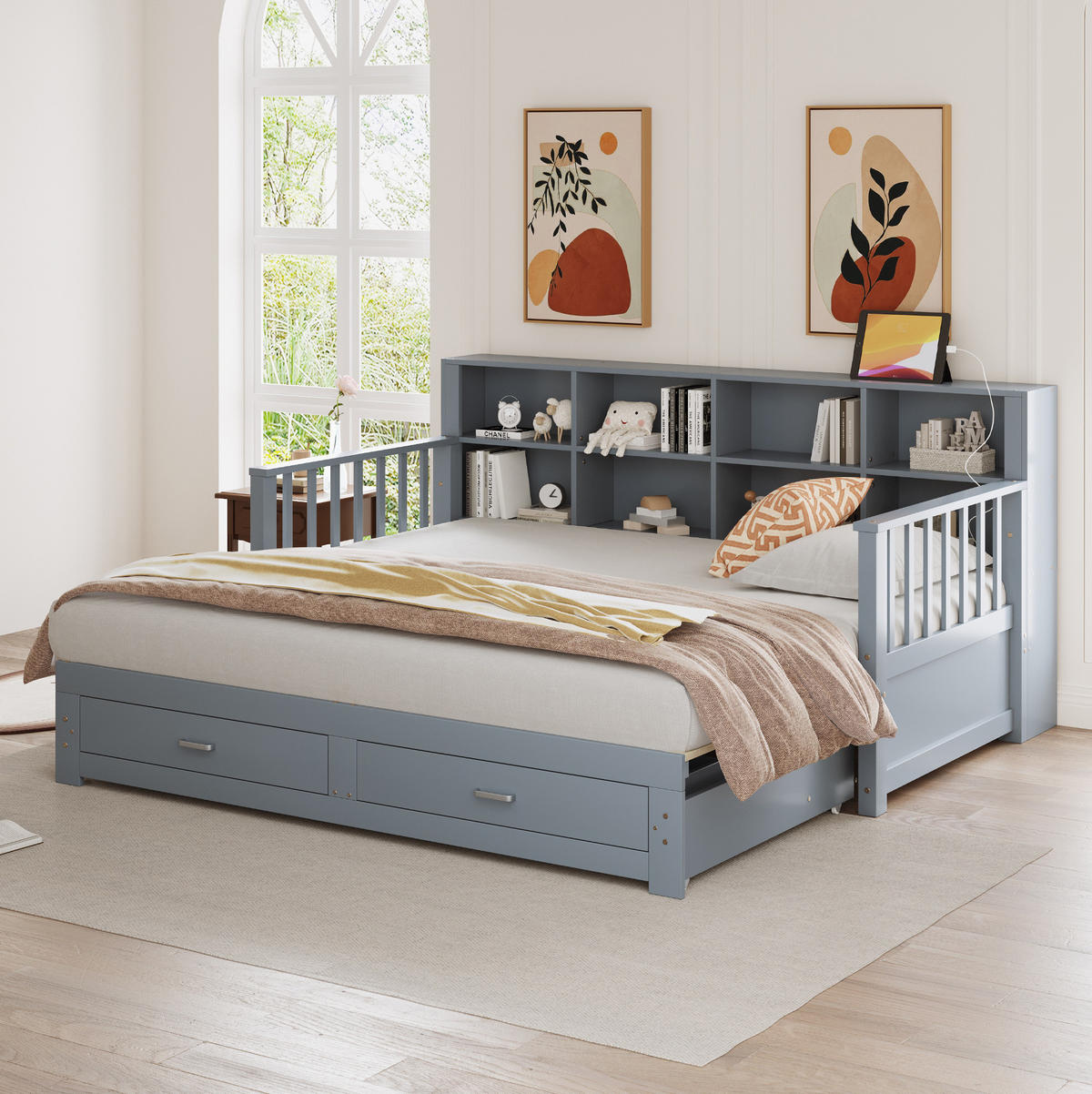 BETT aus Kiefer 90x190/180x190 cm Grau mit Ausziehfunktion, Stauraum, Steckdose und 2 Schubladen - Grau, Holzwerkstoff (90/190cm) - Modfu